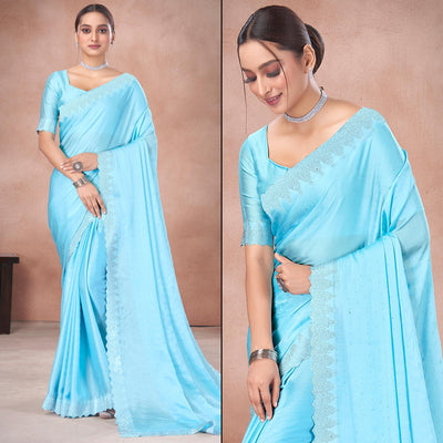 Blue Swarovski Work Satin Saree