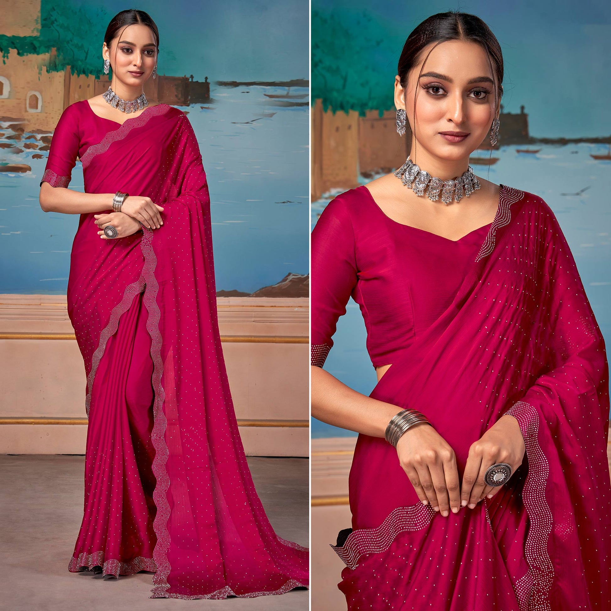 Cherry Pink Swarovski Work Satin Saree