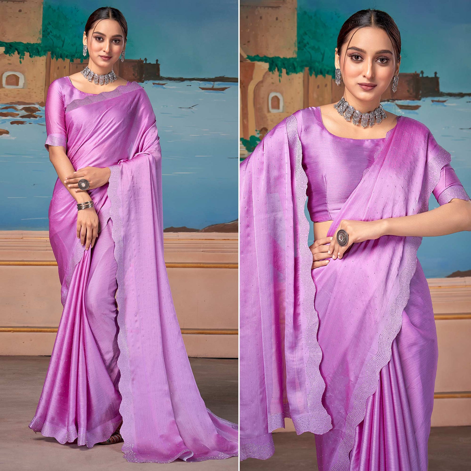 Mauve Swarovski Work Satin Saree