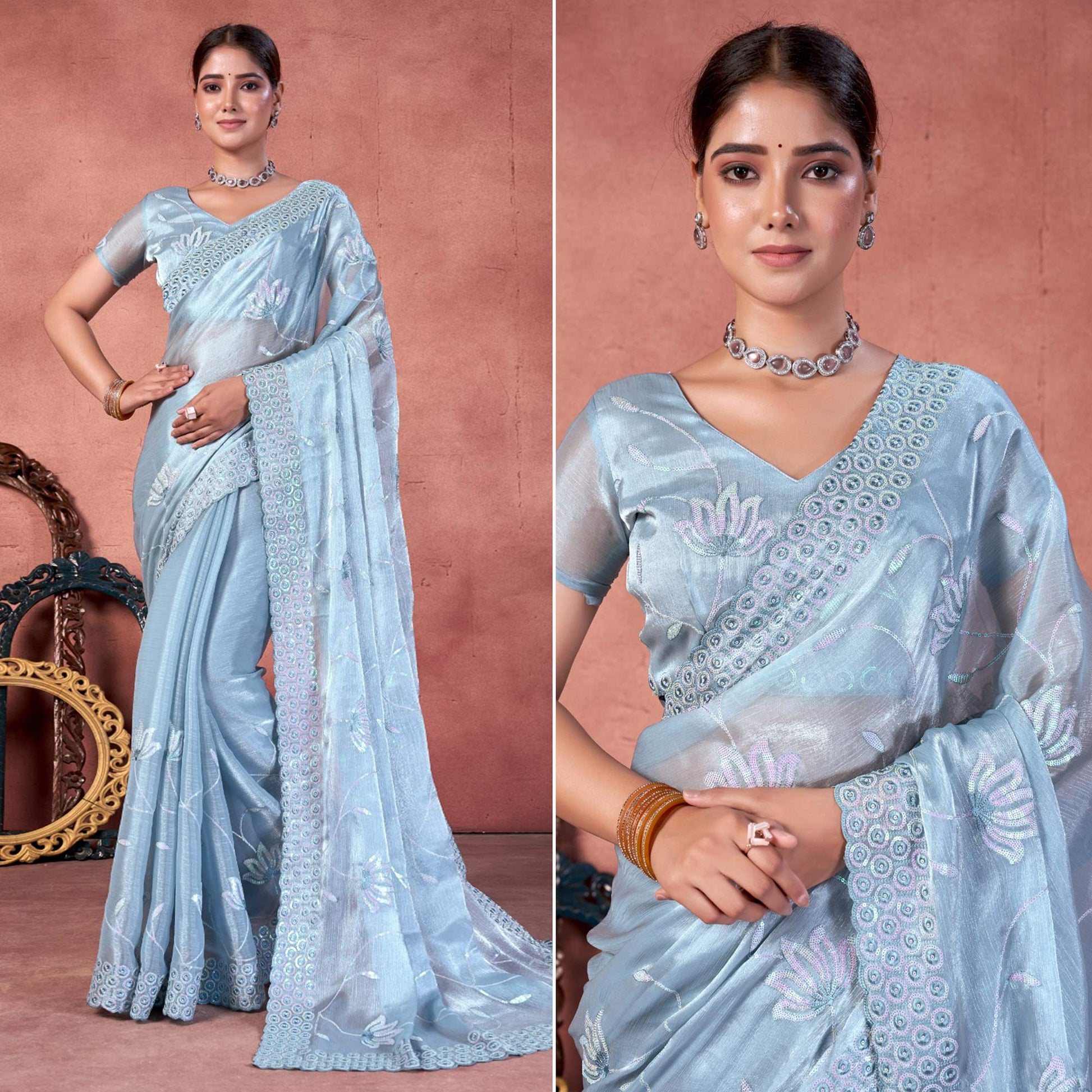 Greyish Blue Floral Sequins Embroidered chiffon Saree