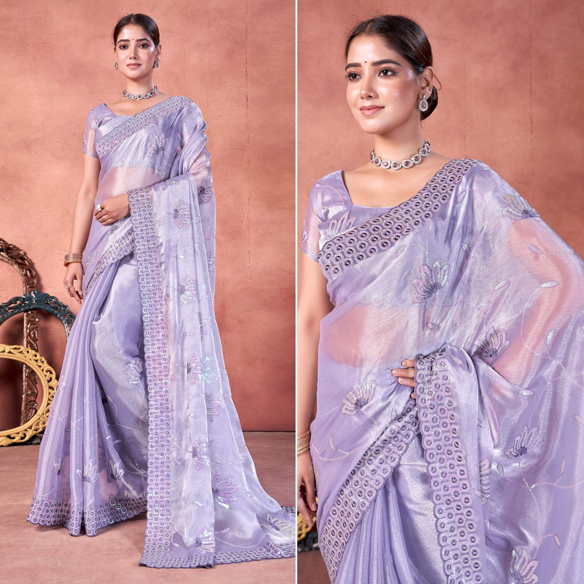 Lavender Floral Sequins Embroidered chiffon Saree