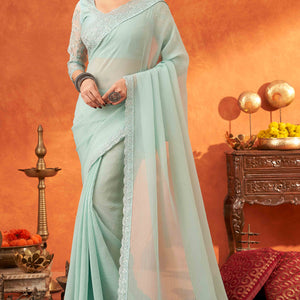 Mint Green Embroidered Crunchy Soft Net Saree With Embellished Border