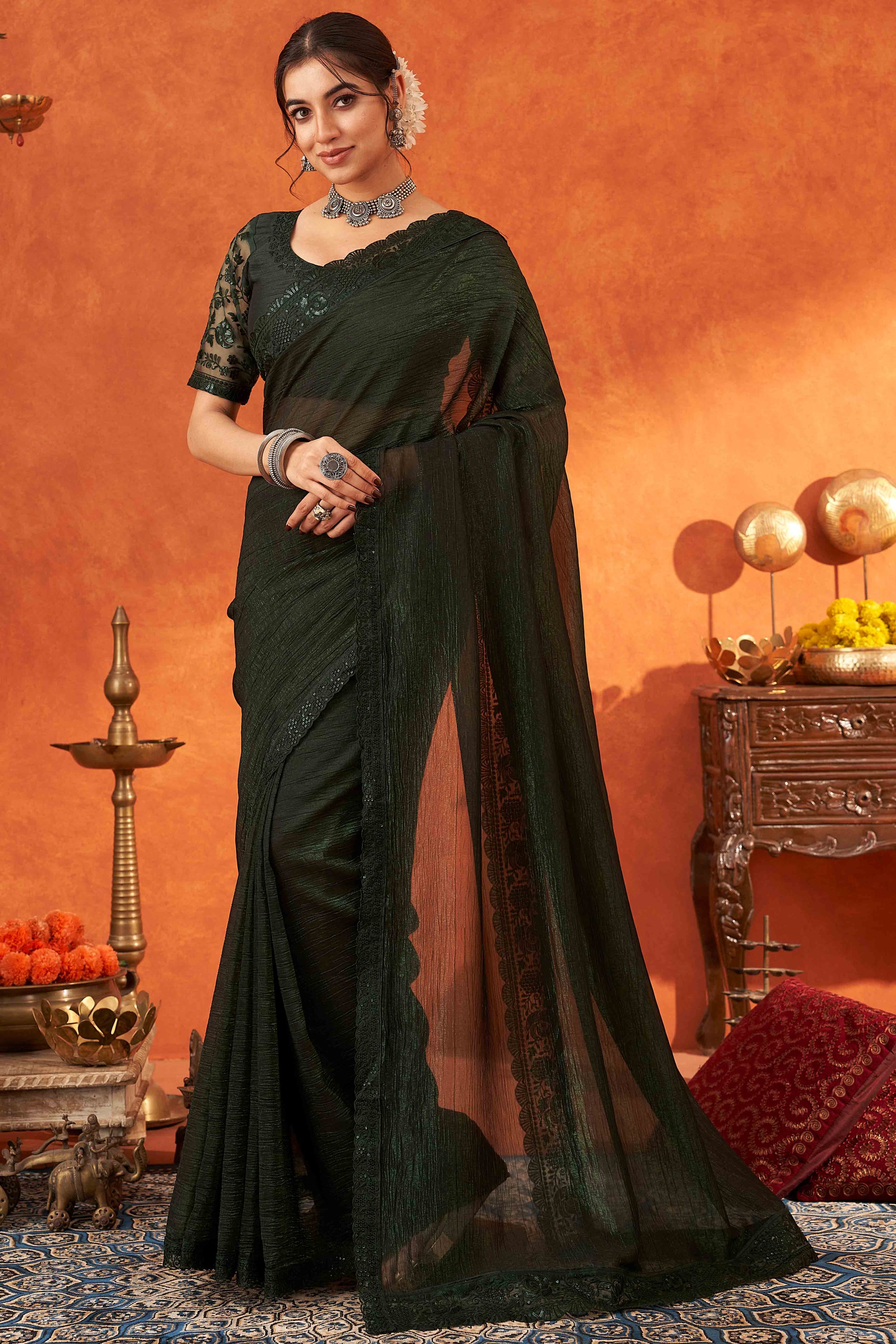green-embroidered-crunchy-soft-net-saree-with-embellished-border