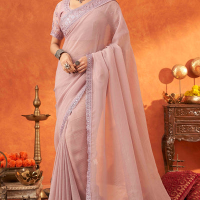 Lavender Embroidered Crunchy Soft Net Saree With Embellished Border