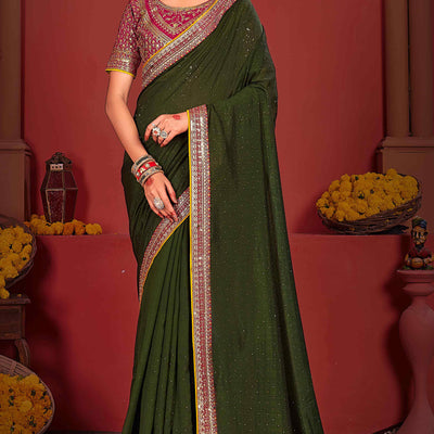 Mehandi Green Swarovski Work Embroidered Vichitra Silk Saree