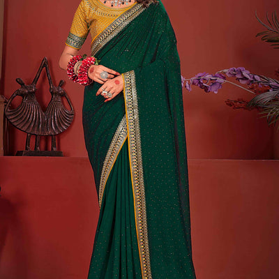 Dark Green Swarovski Work Embroidered Vichitra Silk Saree