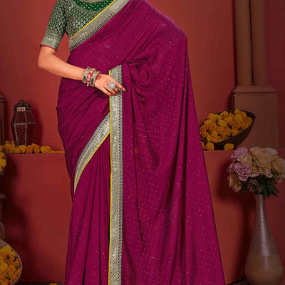 Magenta Swarovski Work Embroidered Vichitra Silk Saree