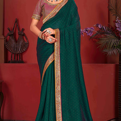 Morpich green Swarovski Work Embroidered Vichitra Silk Saree