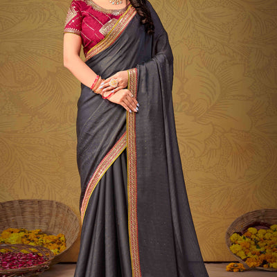 Grey Swarovski Work Satin Saree With Designer Border