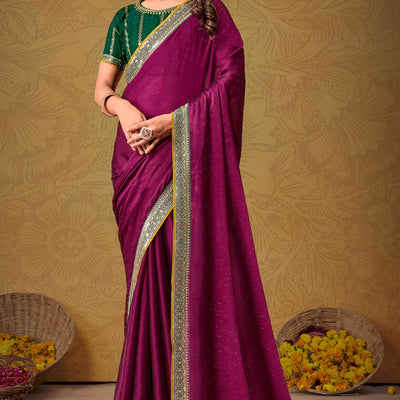 Magenta Swarovski Work Satin Saree With Designer Border