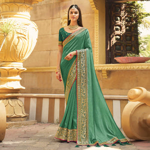 Dusty Green Solid With Embroidered Border Vichitra Silk Saree