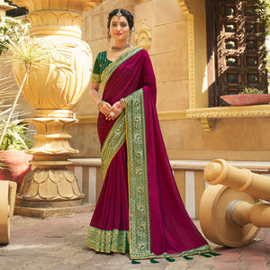Magenta Solid With Embroidered Border Vichitra Silk Saree