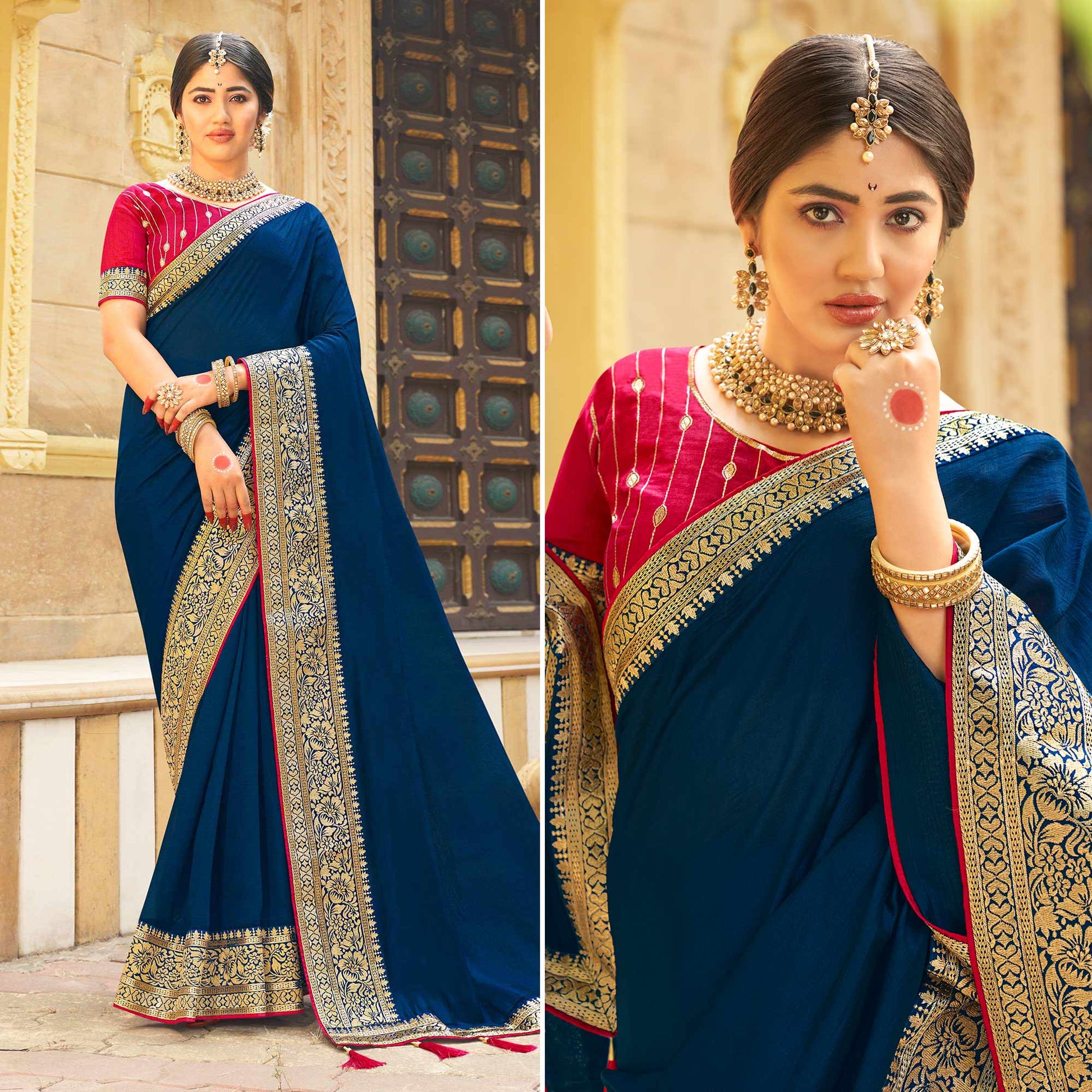 Blue Solid With Embroidered Border Vichitra Silk Saree