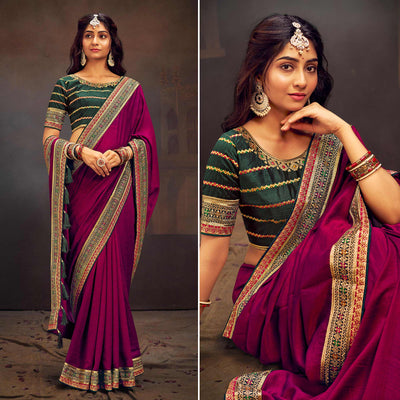 Magenta Solid With Embroidered Border Vichitra Silk Saree