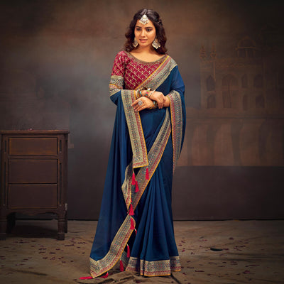 Blue Solid With Embroidered Border Vichitra Silk Saree