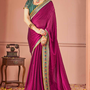 Magenta Swarovski Work Satin Rangoli Saree With Embroidered Border