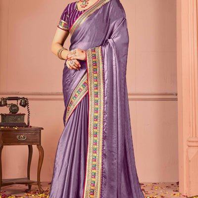 Lavender Swarovski Work Satin Rangoli Saree With Embroidered Border