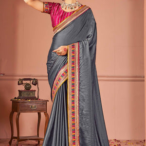 Grey Swarovski Work Satin Rangoli Saree With Embroidered Border