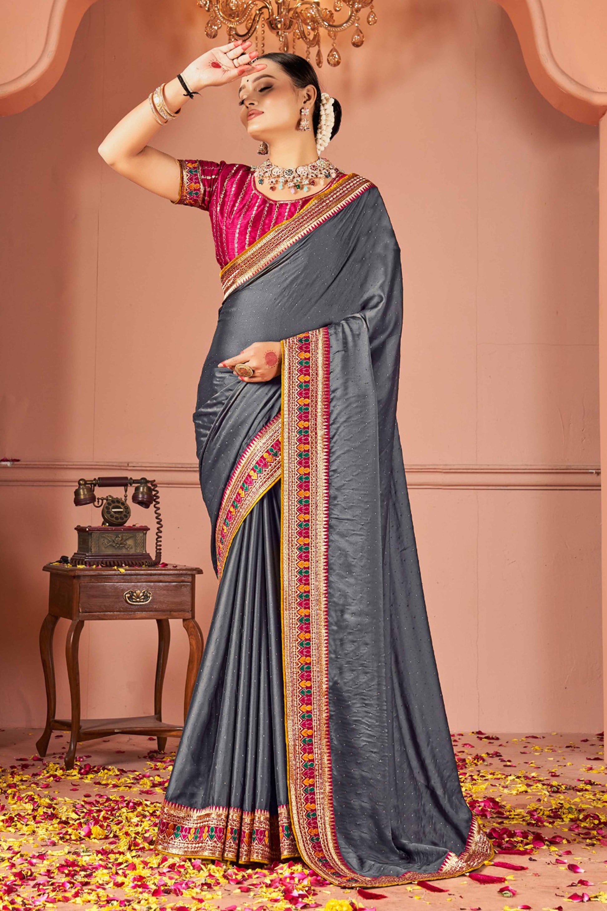 Grey Swarovski Work Satin Rangoli Saree With Embroidered Border