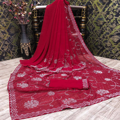 Cherry Red Swarovski Work Georgette Saree