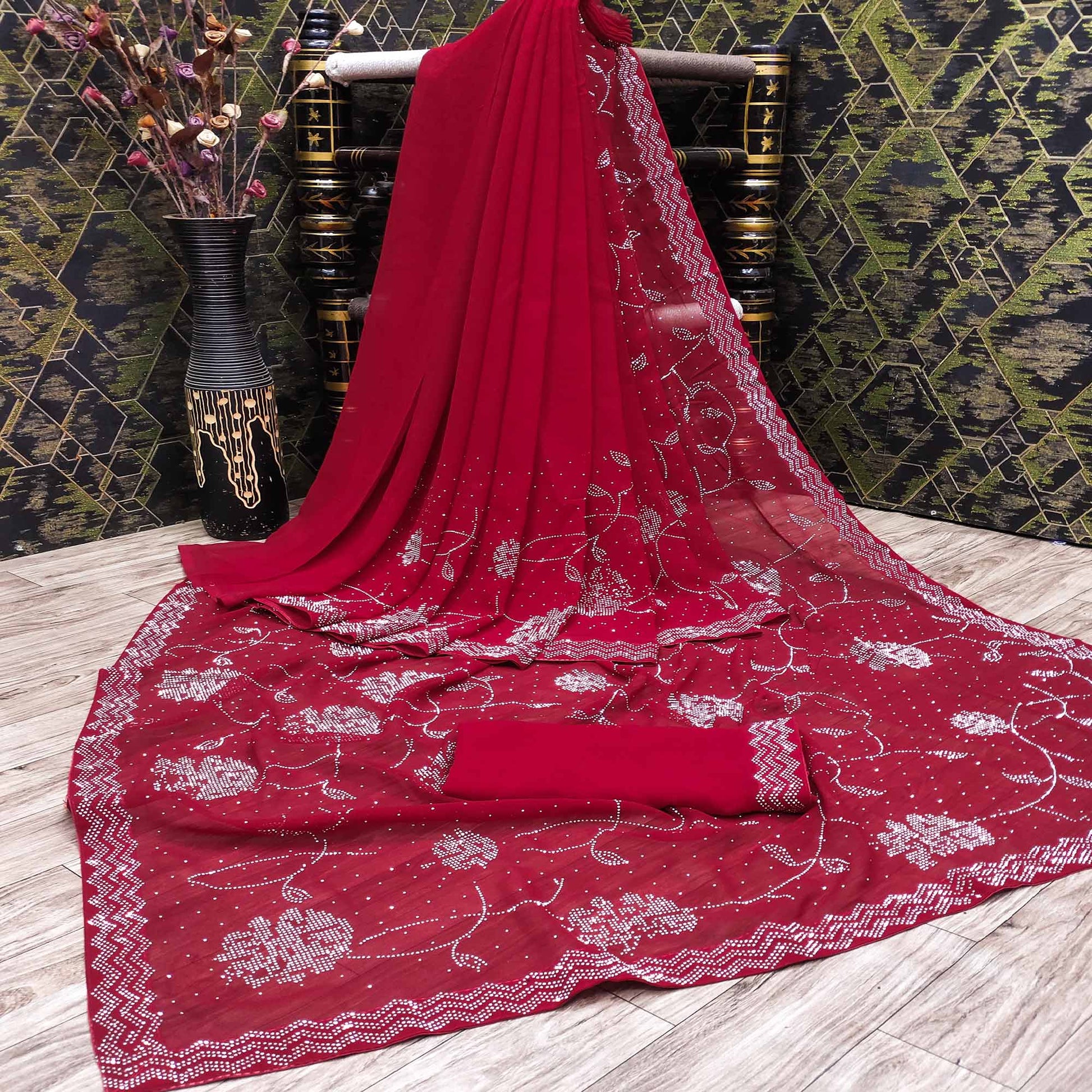 Cherry Red Swarovski Work Georgette Saree