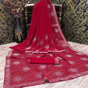 Cherry Red Floral Swarovski Work Georgette Saree