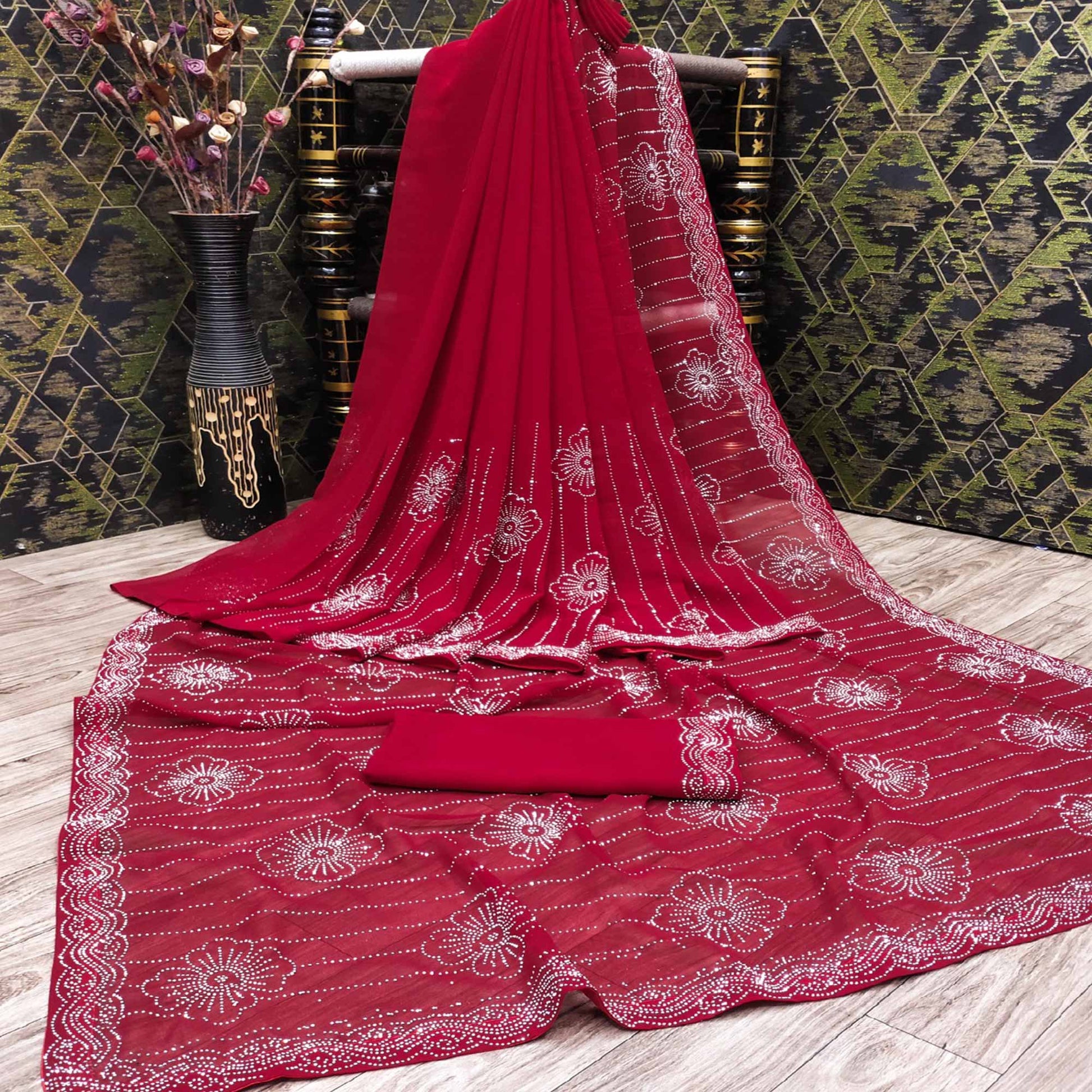 Cherry Red Floral Swarovski Work Georgette Saree