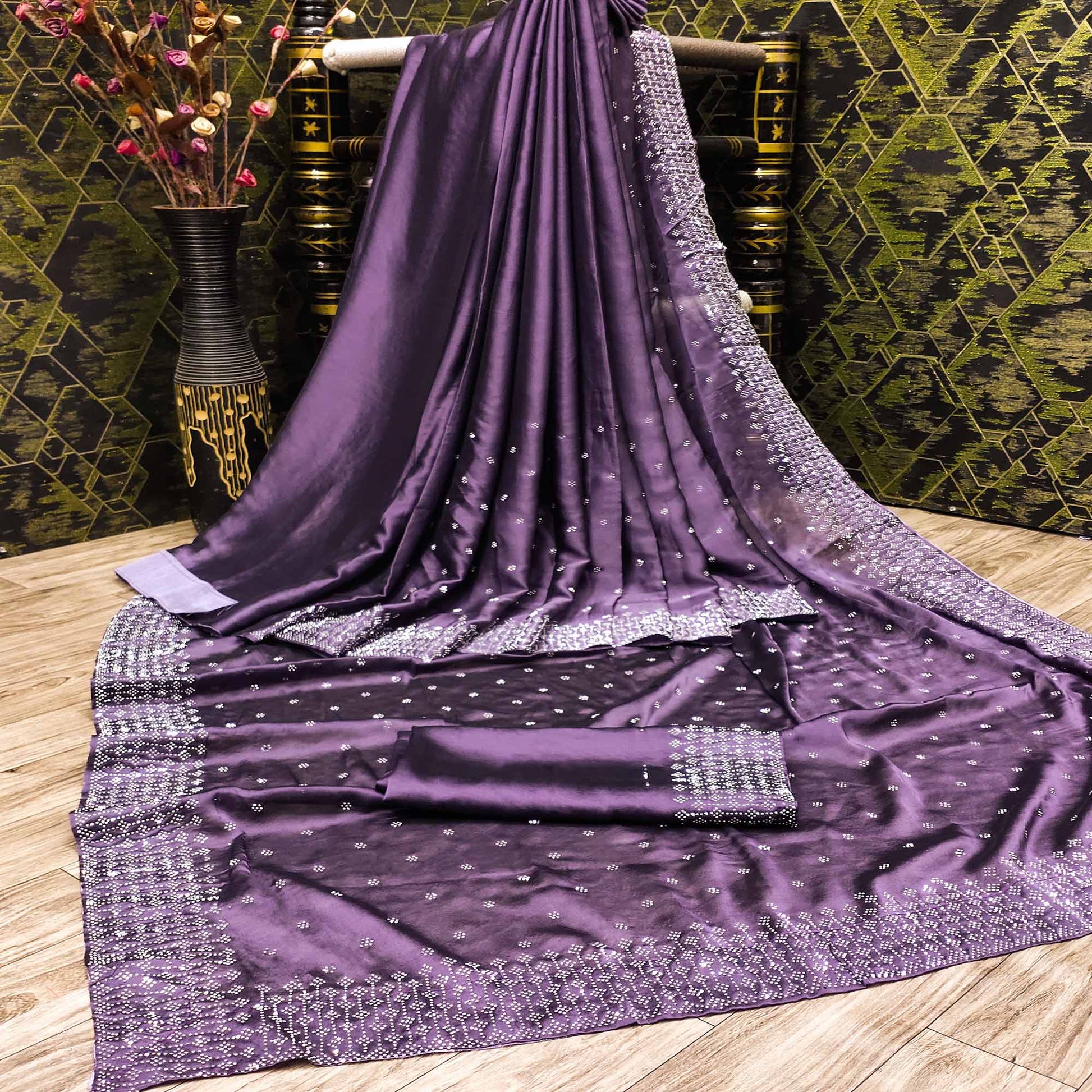 Lavender Floral Swarovski Work Georgette Saree