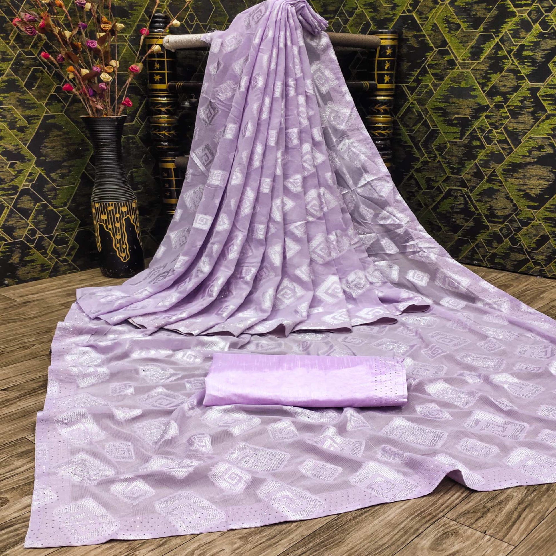 Lavender Floral Swarovski With Woven Jacquard Saree
