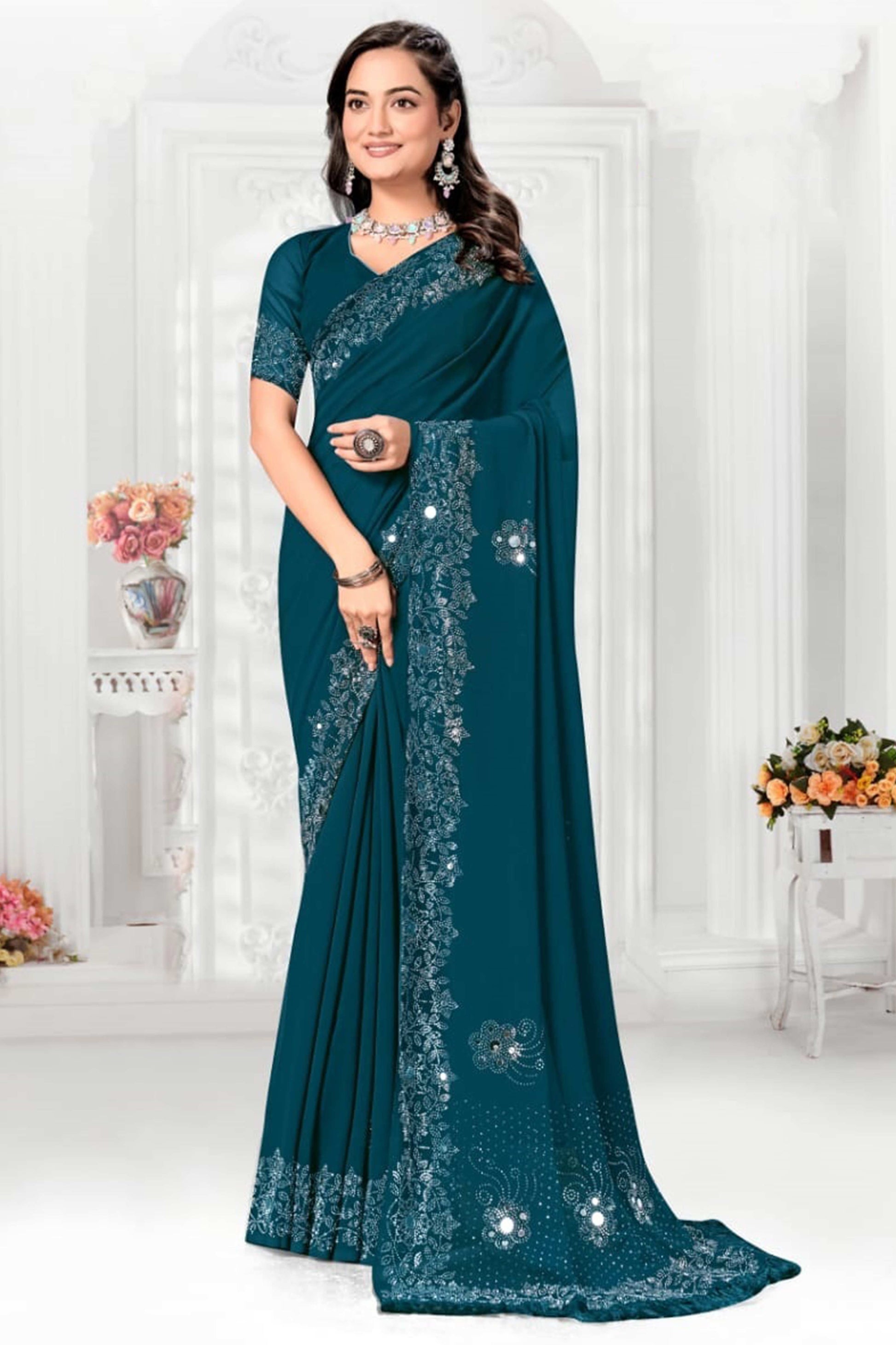 Morpich Floral Swarovski With Mirror Work Georgette Saree