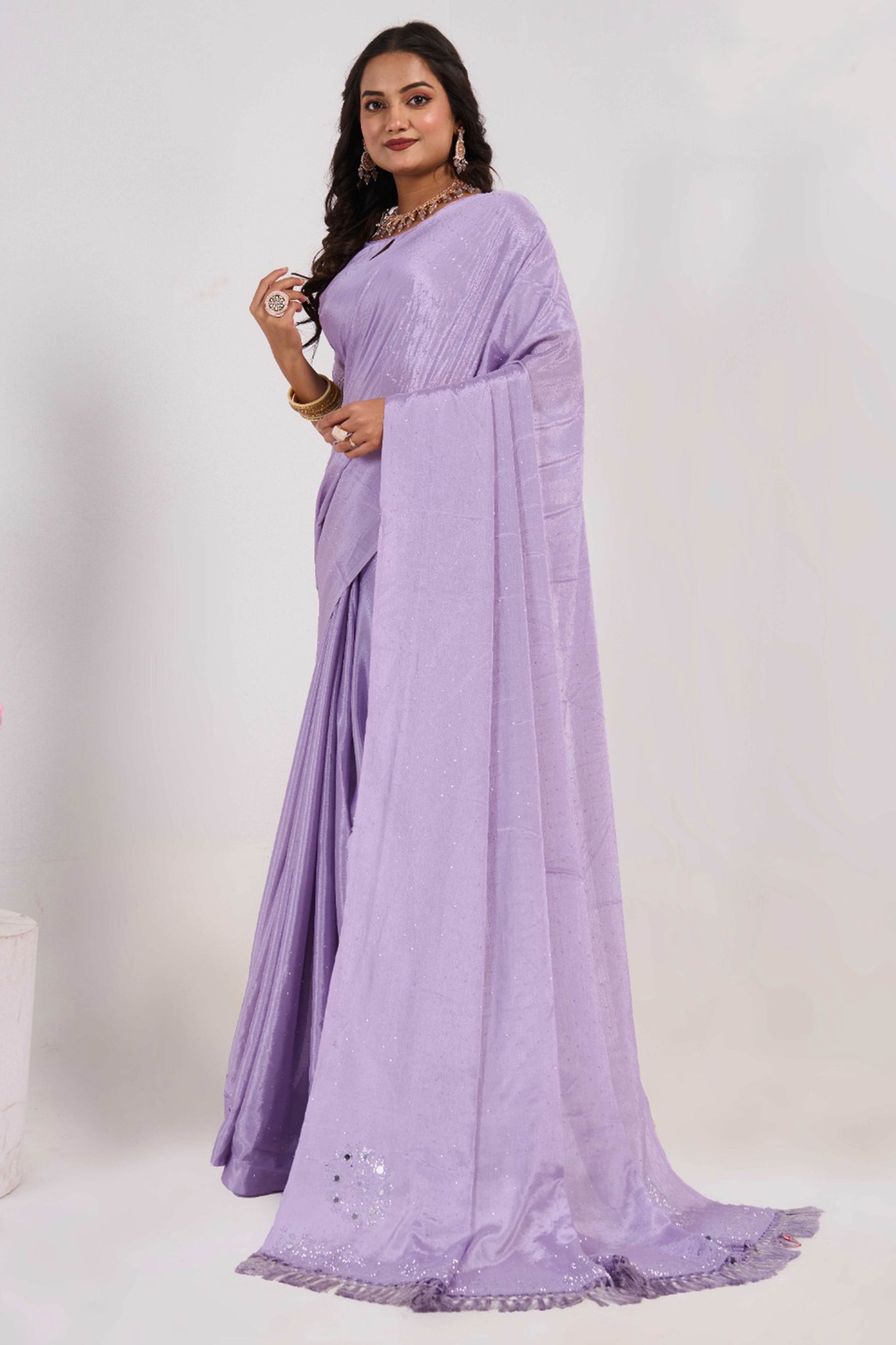 Lavender Swarovski With Mirror Work Chinon Saree