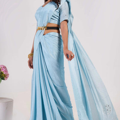 Blue Swarovski With Mirror Work Chinon Saree
