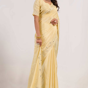 Light Yellow Swarovski With Mirror Work Chinon Saree