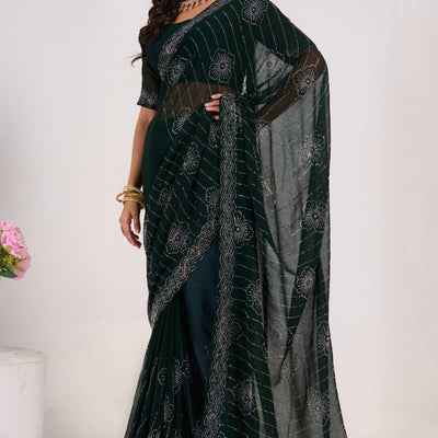 Dark Green Swarovski Work Georgette Saree