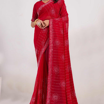 Cherry Red Swarovski Work Georgette Saree