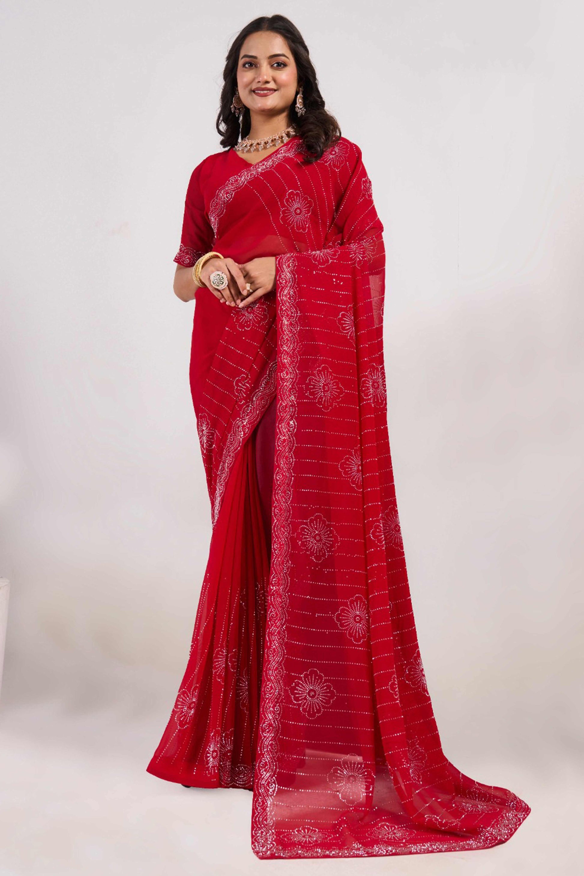 Cherry Red Swarovski Work Georgette Saree