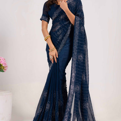 Blue Swarovski Work Georgette Saree