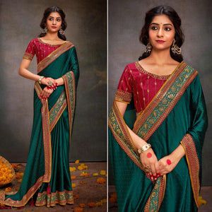 Dark Rama Green Swarovski Work Satin Saree With Tassels