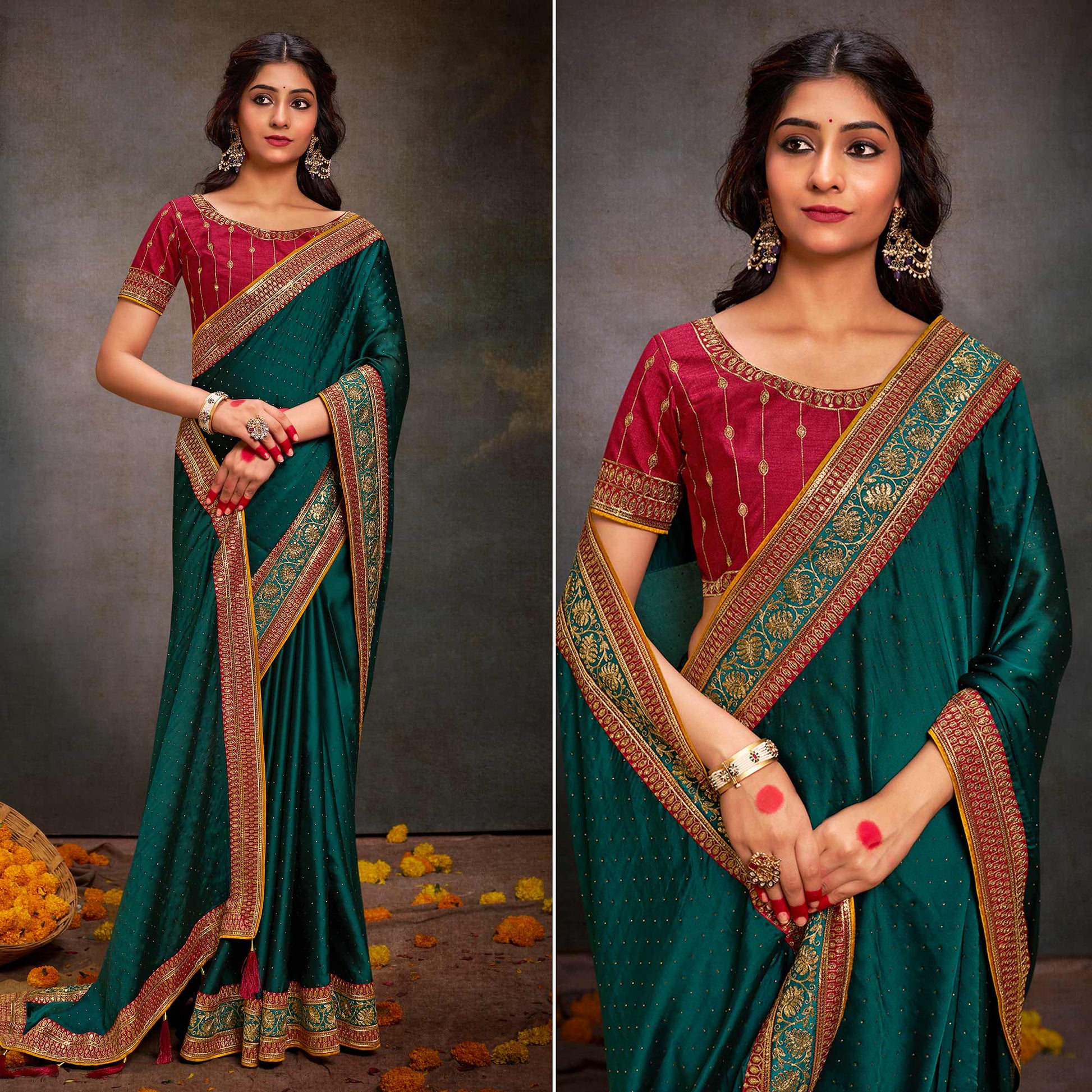 Dark Rama Green Swarovski Work Satin Saree With Tassels
