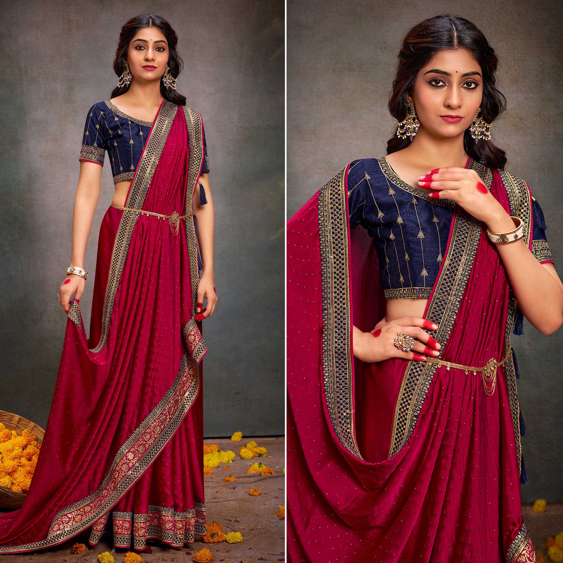 Magenta Swarovski Work Satin Saree With Tassels