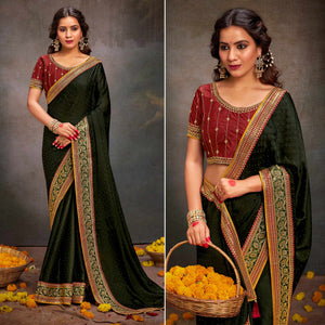 Mehandi Green Swarovski Work Satin Saree With Tassels