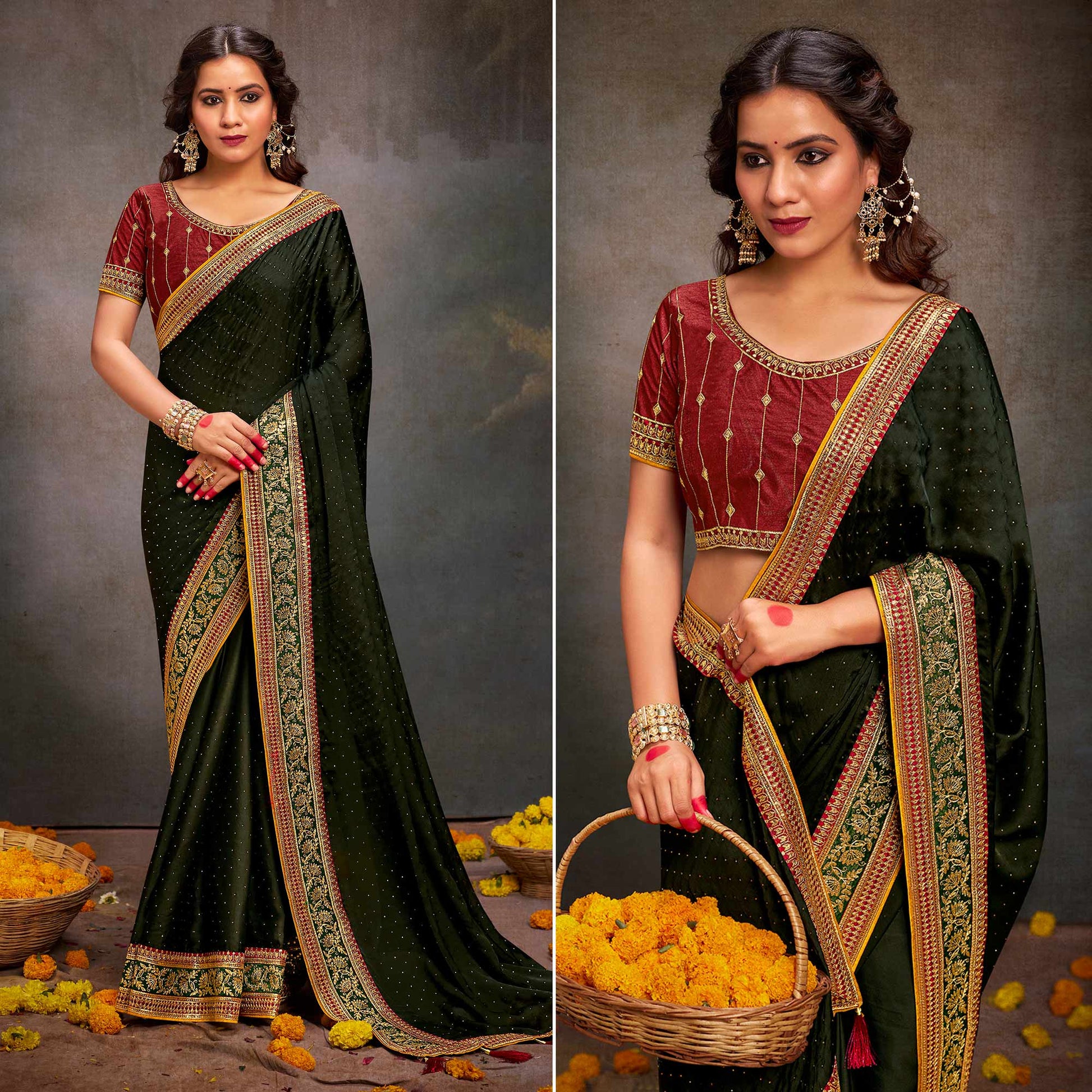 Mehandi Green Swarovski Work Satin Saree With Tassels
