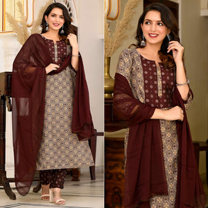 Brown Printed Chanderi Suit