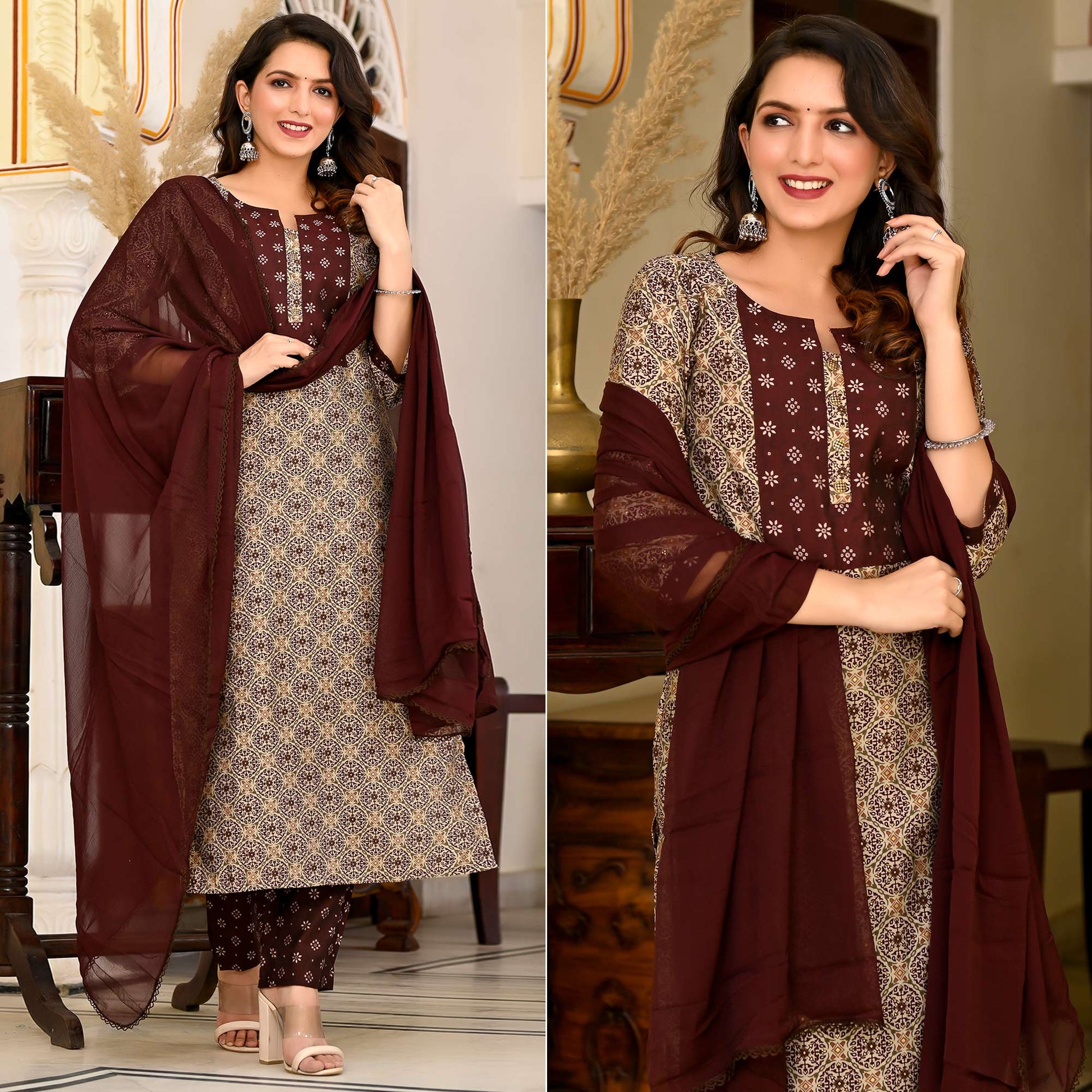 Brown Printed Chanderi Suit