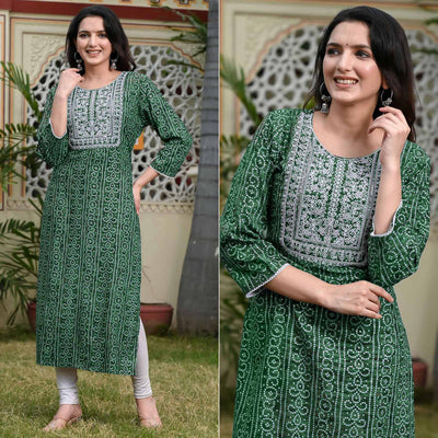 green-foil-bandhani-printed-with-embroidered-rayon-kurti