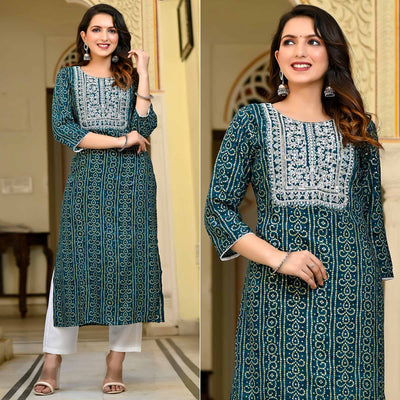 Morpich Foil Bandhani Printed With Embroidered Rayon Kurti