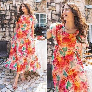Multicolor Digital Floral Printed Chiffon Dress