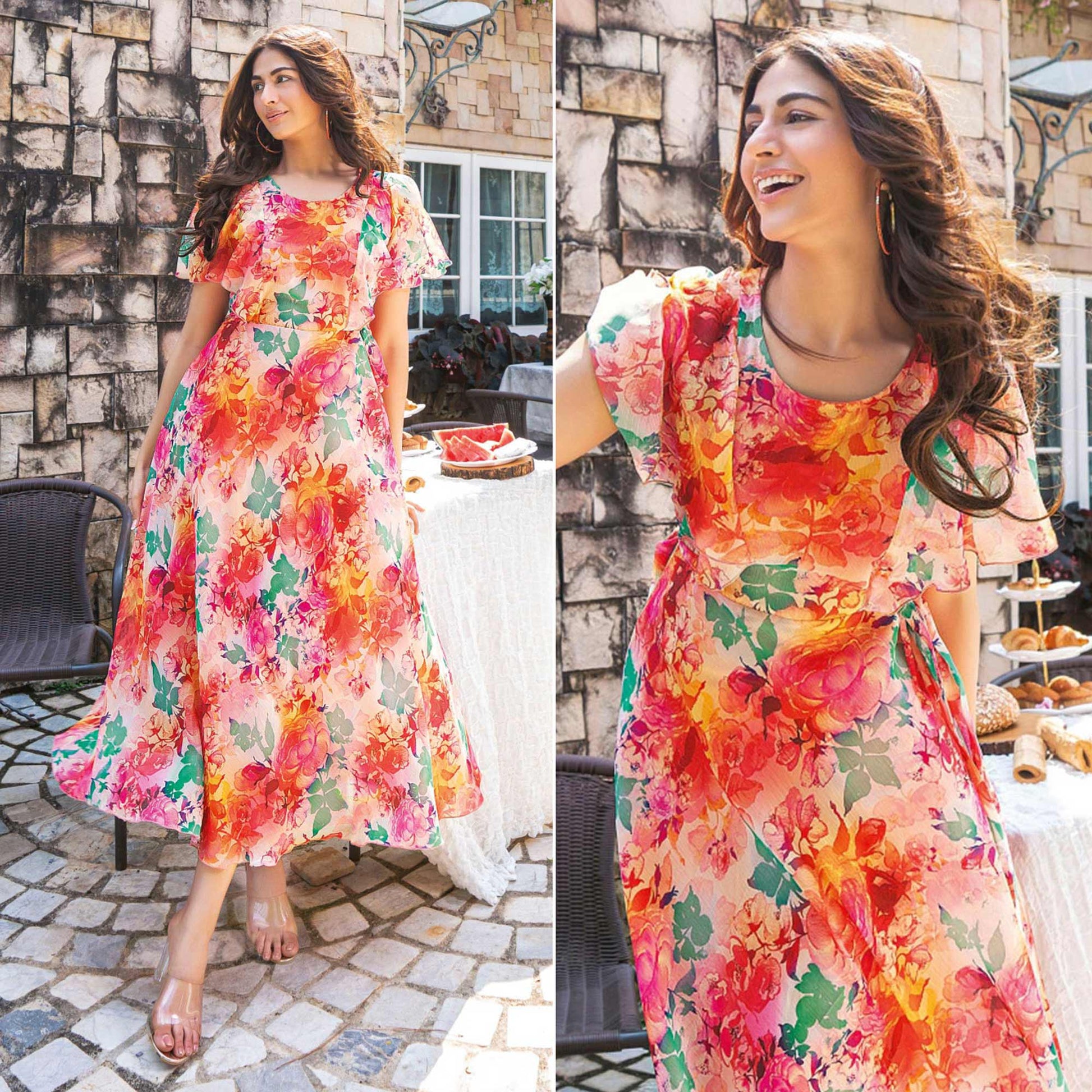 Multicolor Digital Floral Printed Chiffon Dress