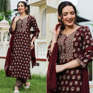 Maroon Floral Foil Printed Modal Suit
