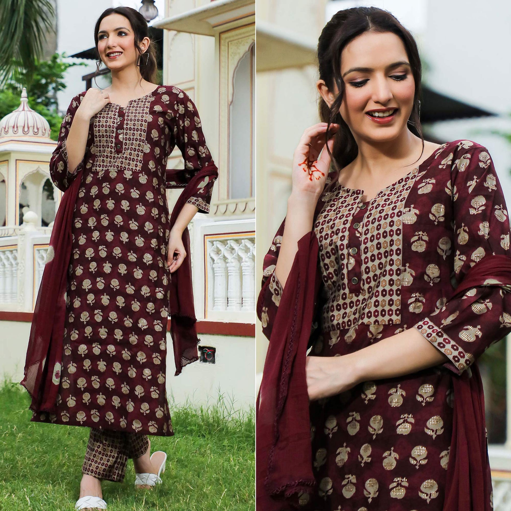 Maroon Floral Foil Printed Modal Suit